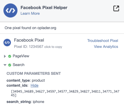 Facebook pixel search page