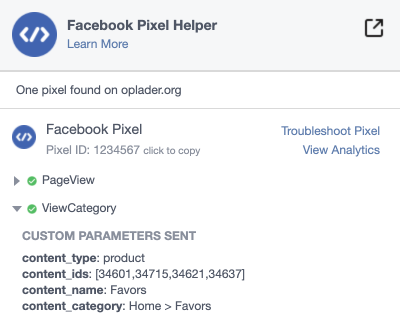 Facebook pixel product category page