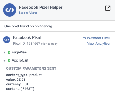 Facebook pixel cart page