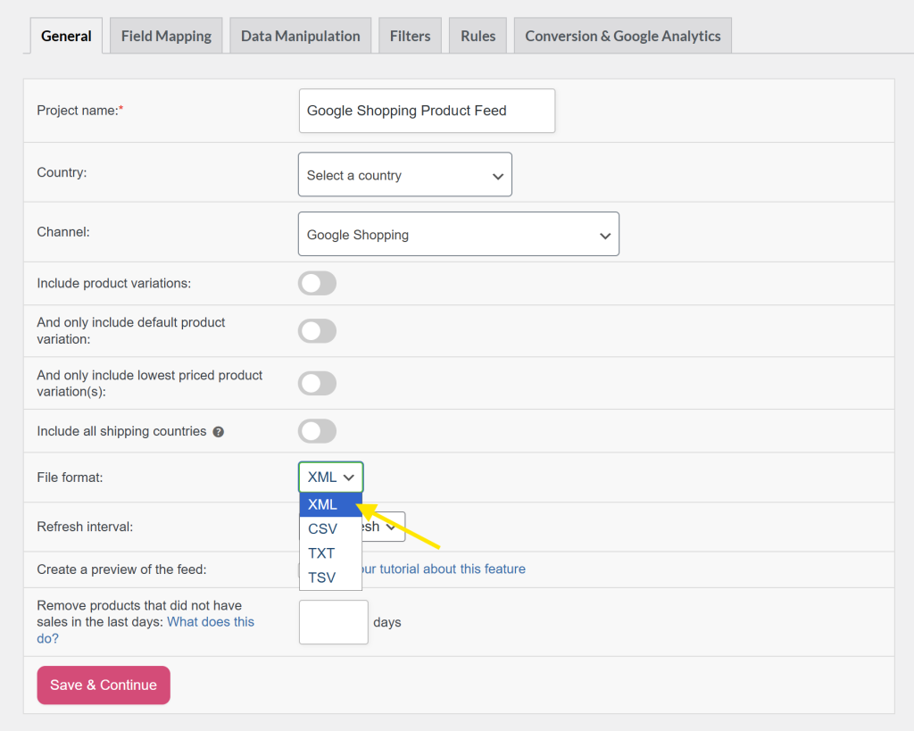 feed setup page in AdTribes showing file format options including XML, CSV, TXT, and TSV 