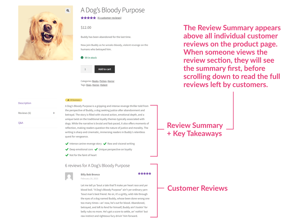 The product page as seen by customers, with the Review Summary, Key Takeaways, and customer reviews highlighted