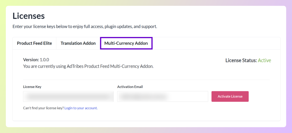Product Feed Elite Lizenzen-Bildschirm, der den Multi-Currency Addon Lizenz-Tab und den aktiven Status anzeigt