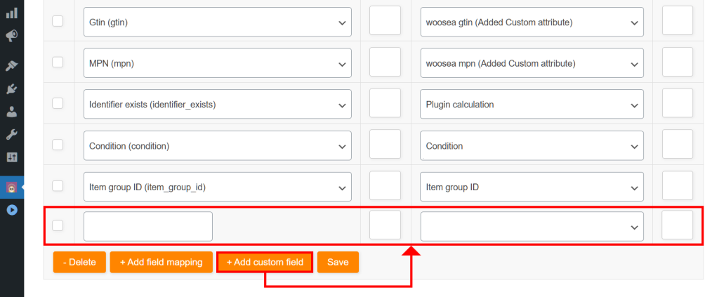 AdTribes Product Feed Elite's Field mapping screen, showing the "+ Add Custom Field" button being clicked to create new empty fields