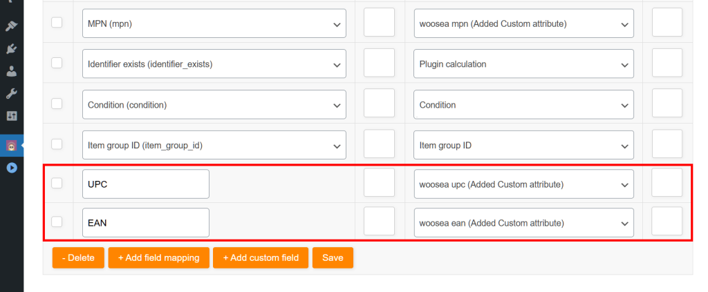 AdTribes Product Feed Elite's Field mapping screen, showing the "+ Add Custom Field" button being clicked to create new empty fields, and attributes UPC and EAN being created and matched with values woosea upc and woosea ean respectively