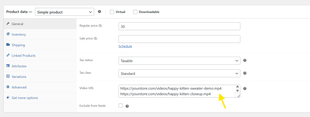 WooCommerce product editor showing multiple Facebook product video URLs added to the Video URL field