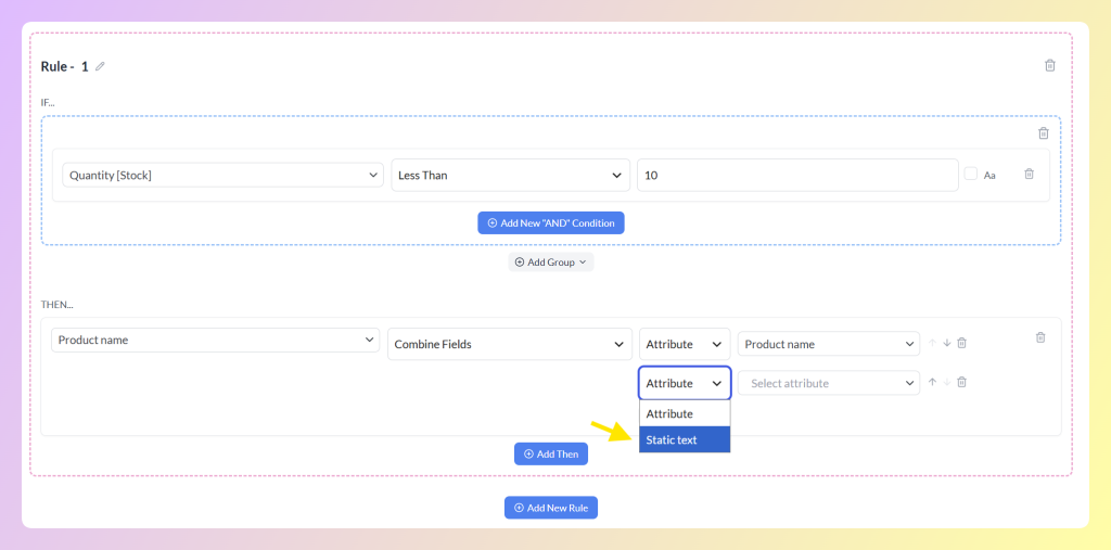Combine Fields dropdown showing Attribute and Static text segment options