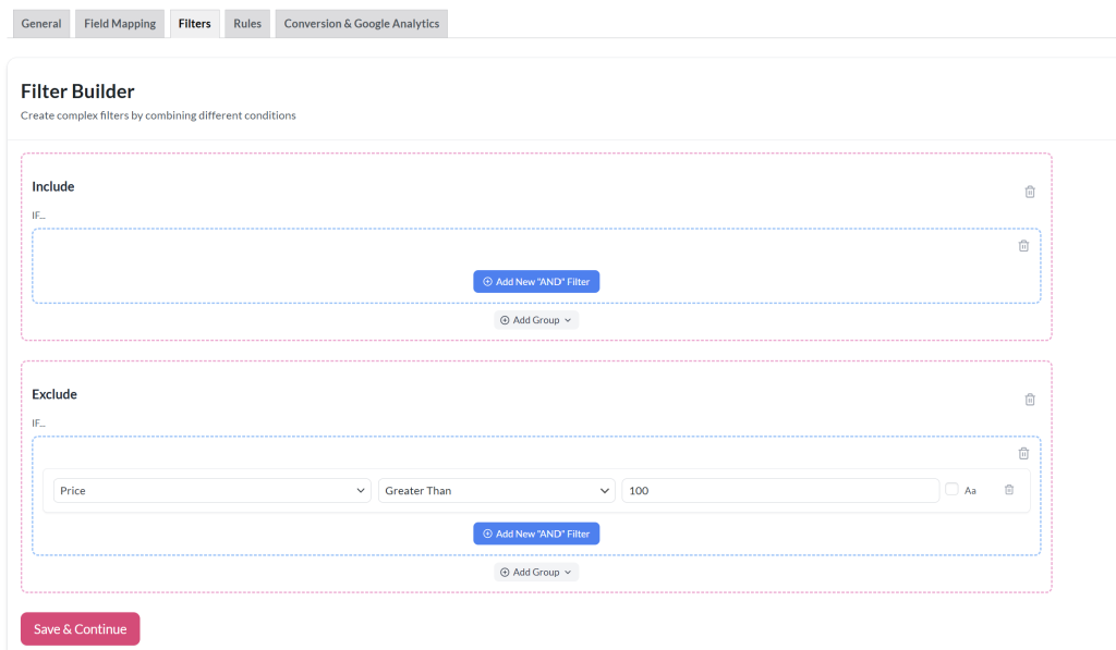 Filter builder in AdTribes with an example that excludes products priced over 0