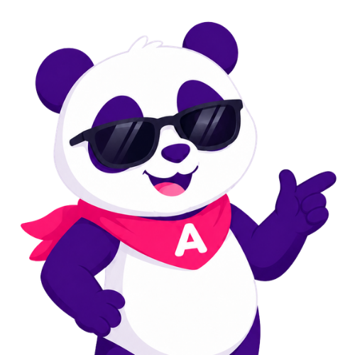 Cool cartoon panda mascot wearing sunglasses and a red scarf with the letter A, pointing with one finger in a friendly pose.