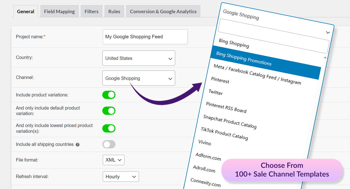 Screenshot of a product feed setup showing Google Shopping as the selected channel, with a dropdown listing many sales channels.
