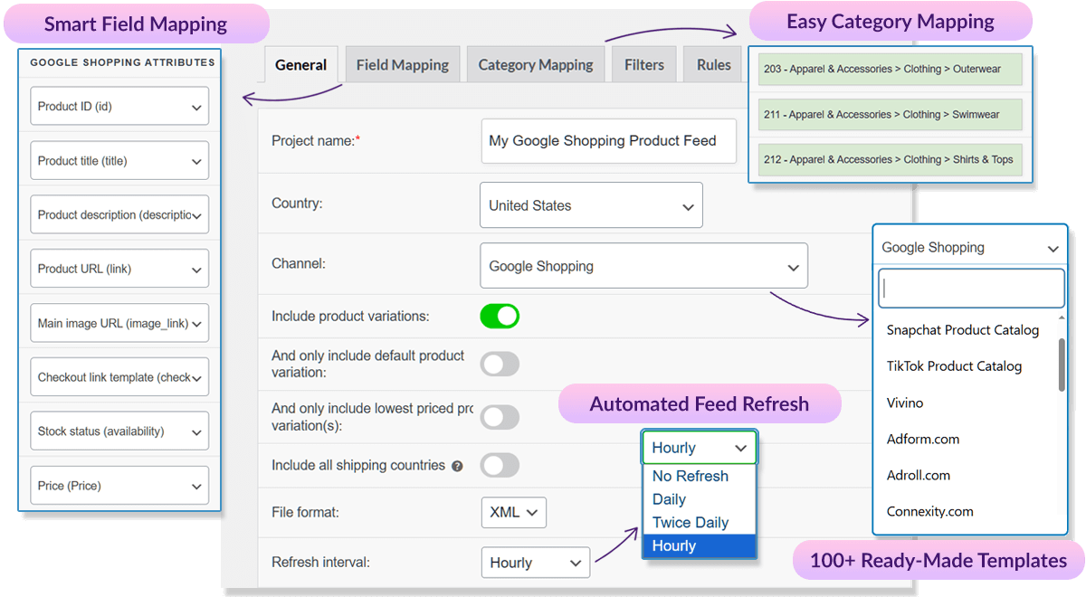 Screenshot of a product feed setup showing Google Shopping as the selected channel, with a dropdown listing many sales channels.