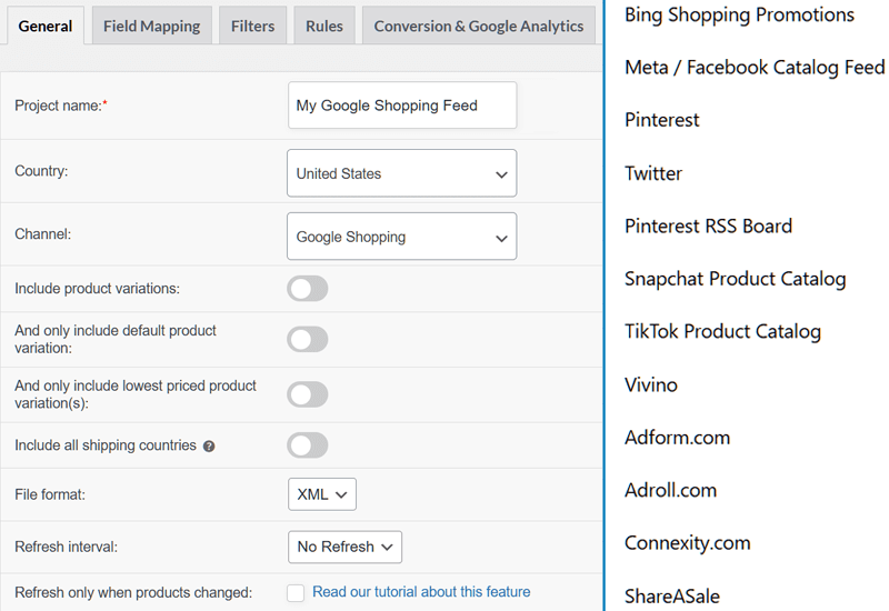 Screenshot of a settings panel for configuring a Google Shopping feed, showing project name, country, channel, and XML export options.