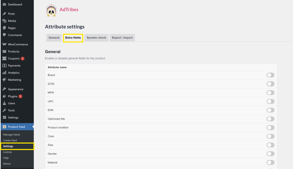 AdTribes attribute settings screen where store owners enable extra fields needed for Facebook product video support