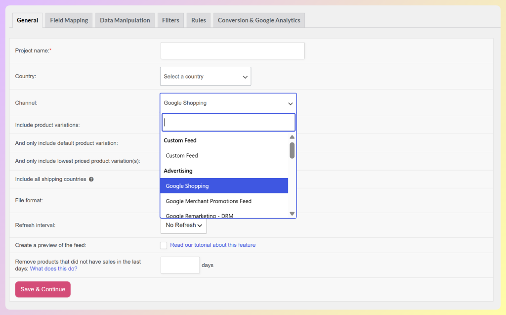AdTribes Channel dropdown showing options like Custom Feed, Google Shopping, and Google Merchant Promotions Feed