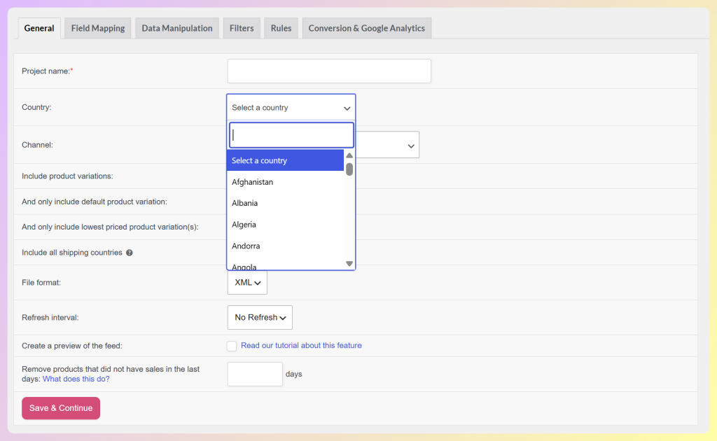 AdTribes Country dropdown open on the General tab, listing countries like Afghanistan, Albania, and Algeria to target