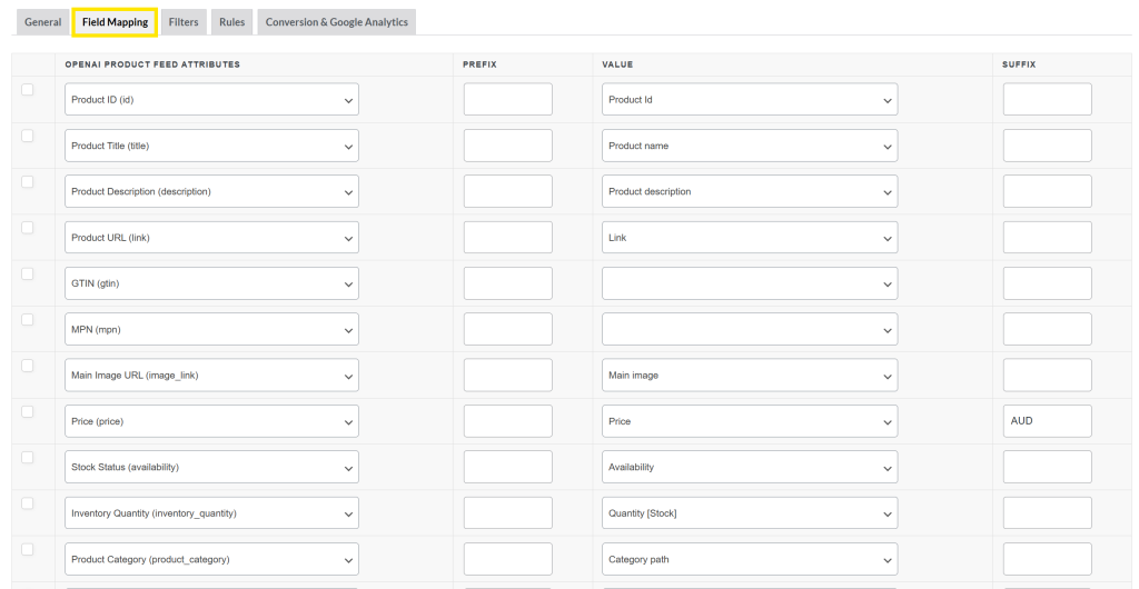 Field Mapping tab in AdTribes showing how product data fields are aligned to OpenAI specs