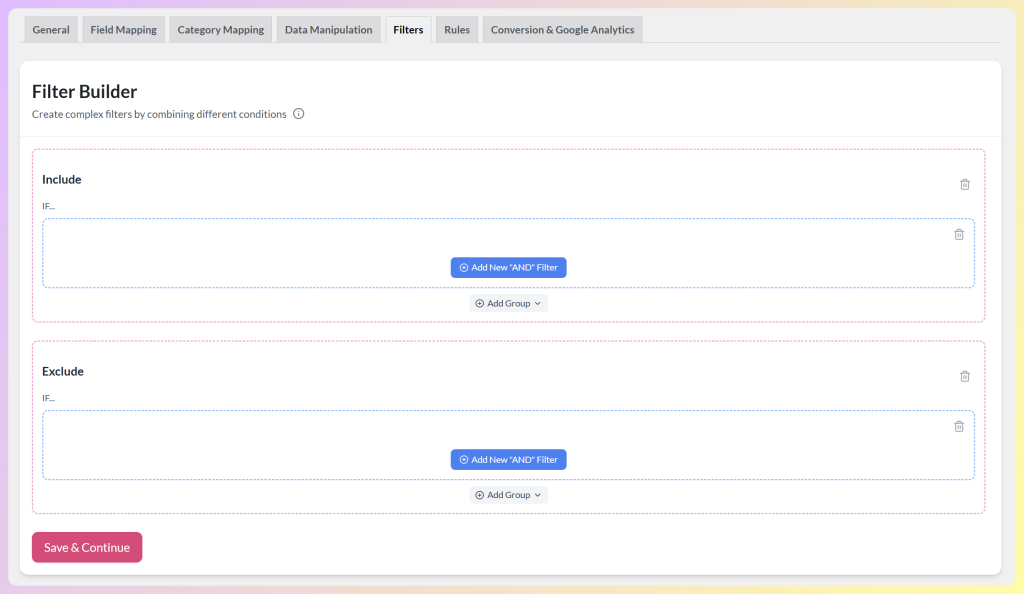 AdTribes Filter Builder with separate Include and Exclude boxes, each with an Add New AND Filter button and Add Group option