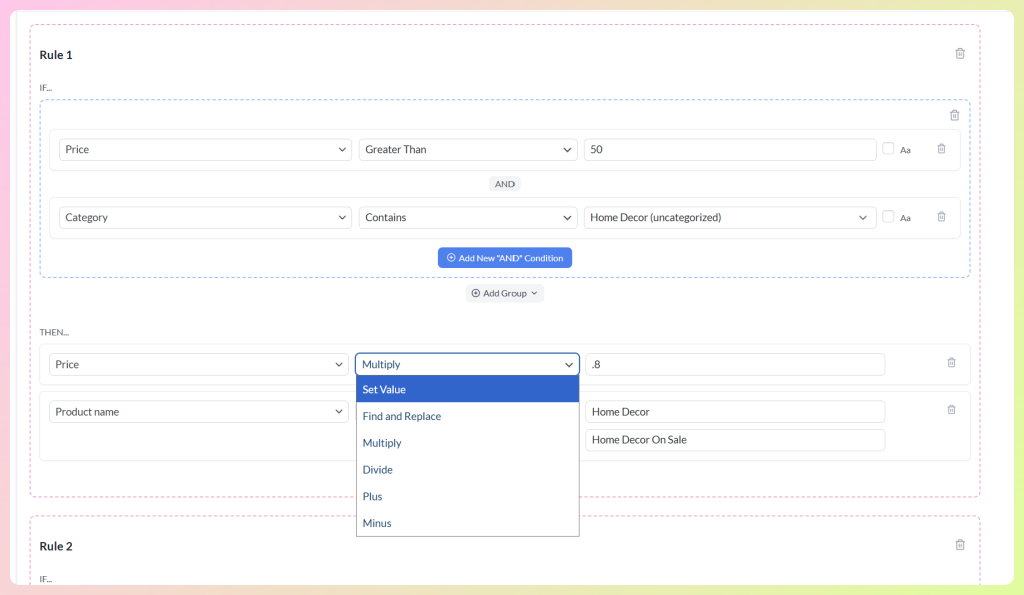 AdTribes feed rules screen showing conditional rules for price and category-based feed changes
