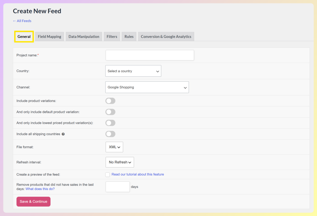 AdTribes General tab showing project name, country, channel, product variation toggles, file format, and refresh interval fields