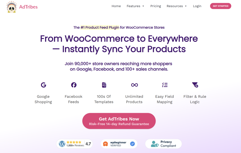 adtribes-homepage - AdTribes AdTribes homepage highlighting multi‑channel product feed management