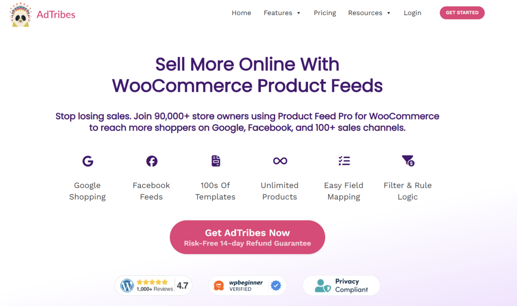AdTribes homepage showcasing features like Google Shopping, Facebook feeds, templates, unlimited products, and easy mapping tools.