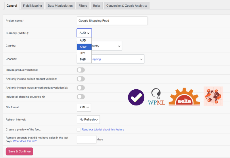 Impostazioni valuta di Product Feed Elite con loghi dei selettori supportati