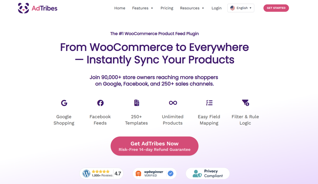 AdTribes homepage hero: logo and navigation, with a large purple headline about instantly syncing WooCommerce products and a supportive subhead.