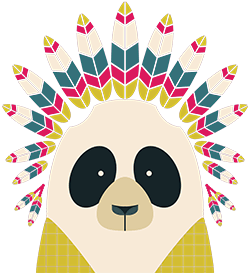 A cute panda wearing a vibrant, feathered headdress poses against a purple patterned background, radiating playful, festival vibes.