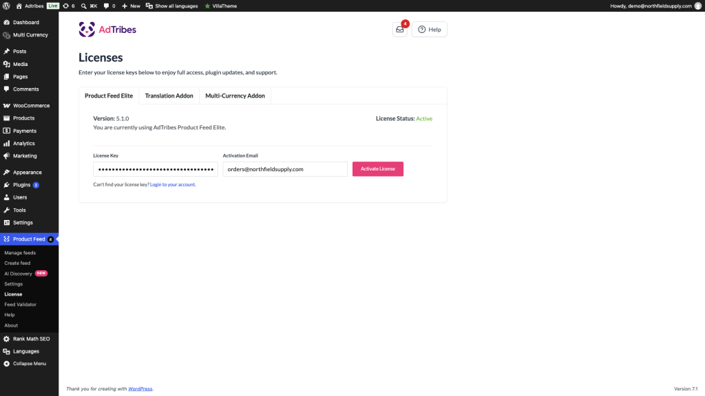 Ekran licencji AdTribes, zakładka Product Feed Elite, pokazująca status licencji Aktywny