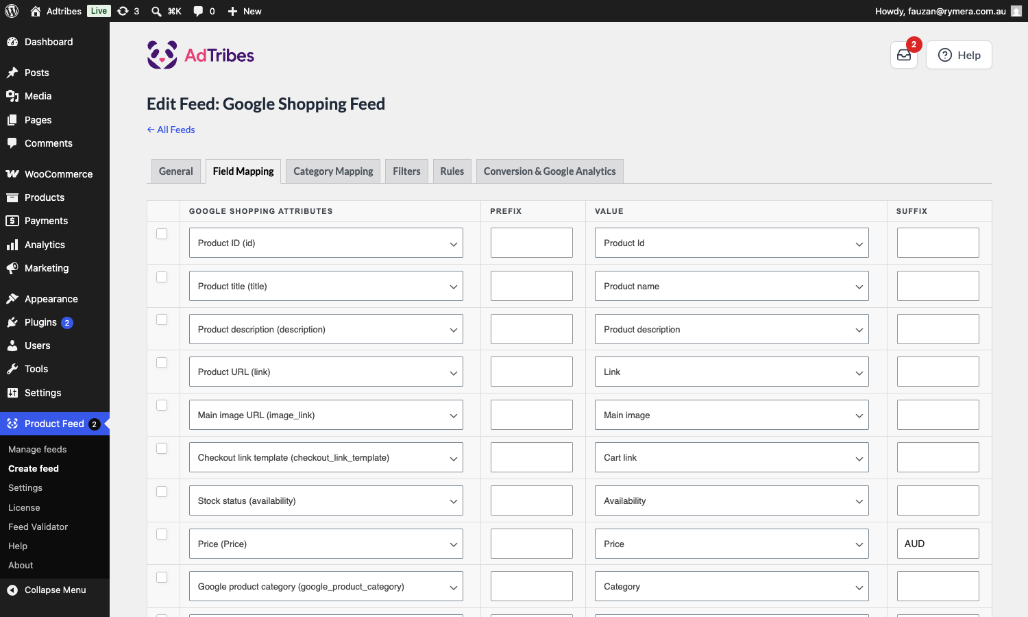 adtribes-product-feed-field-mapping - AdTribes Der Tab Feldzuordnung eines Google Shopping-Feeds, der die Spalte Google Shopping-Attribute neben Präfix, Wert und Suffix zeigt