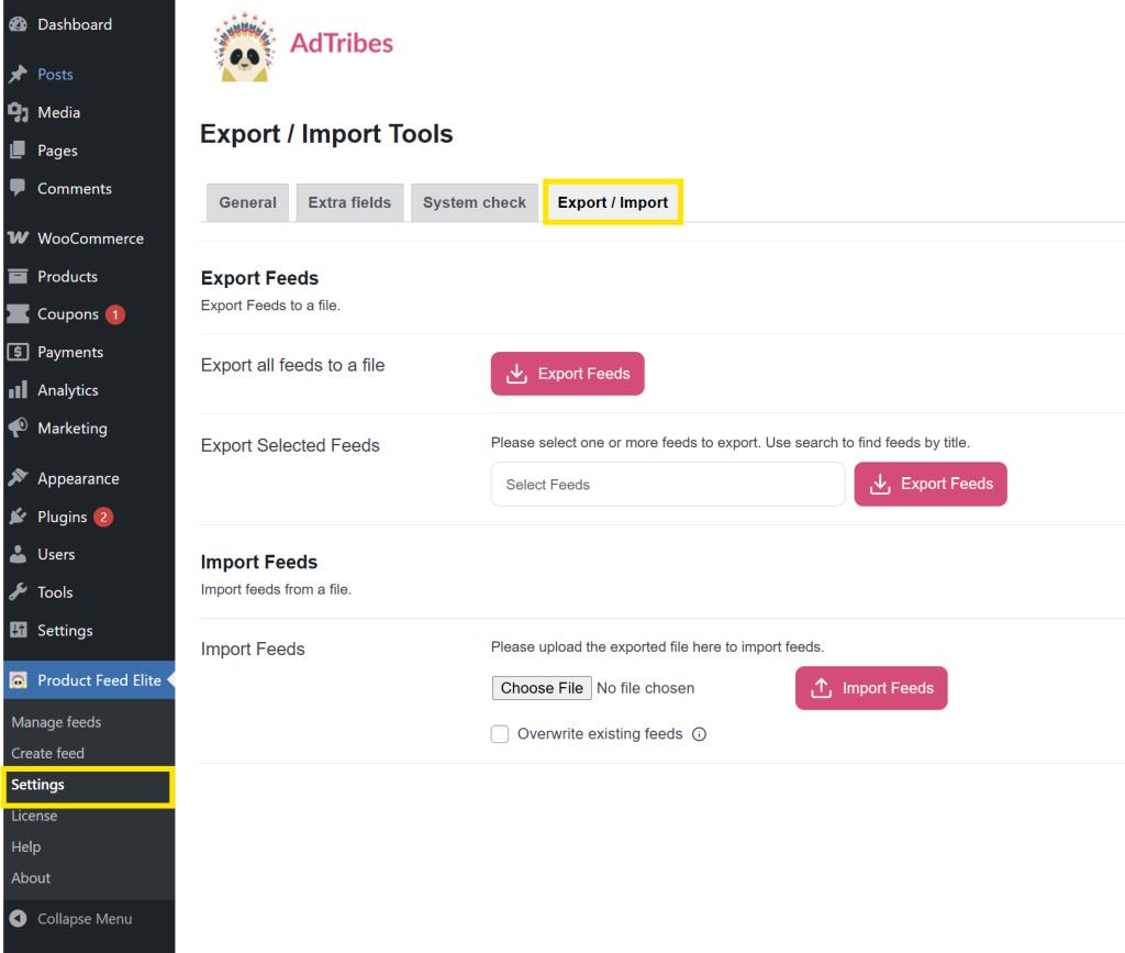 WordPress dashboard showing the navigation path to the Export/Import tab in the Product Feed Elite plugin settings