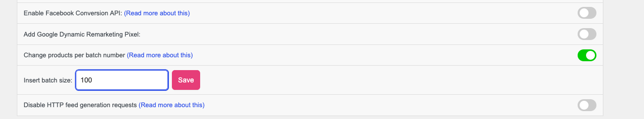 adtribes-troubleshooting-batch-size-setting - AdTribes The Change products per batch number toggle turned on with a batch size entered on the Product Feed settings page