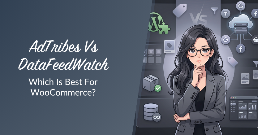 Comparison banner: AdTribes vs DataFeedWatch for WooCommerce, with a thinking businesswoman on the right.