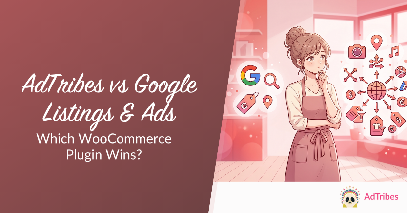 Hero banner comparing AdTribes and Google Listings & Ads for WooCommerce; woman with icons on the right.