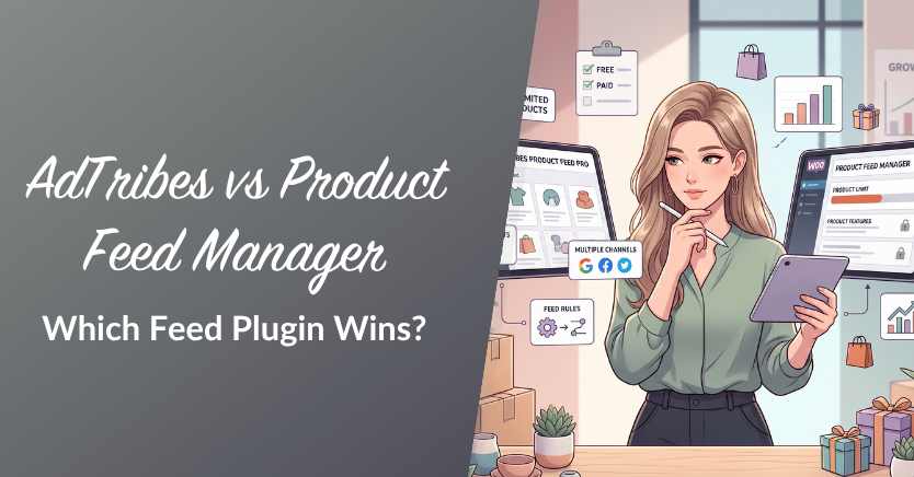 Banner-Illustration für einen Vergleichsartikel: AdTribes vs Product Feed Manager, mit einer Frau, die Dashboards auf einem Tablet in einem belebten Arbeitsbereich überprüft.