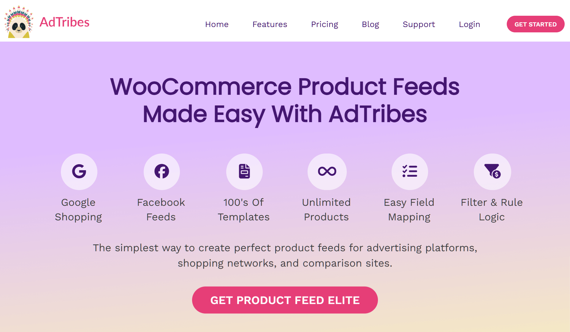 The AdTribes website's landing page, complete with logo, panels leading to other pages, a tagline, icons, feature descriptions, a short description of AdTribes, and a button inviting users to purchase Product Feed Elite