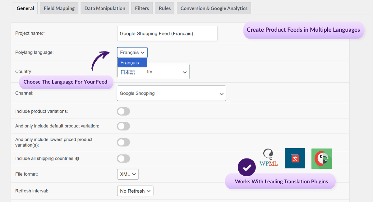 Screenshot of a product feed setup showing Google Shopping as the selected channel, with a dropdown listing many sales channels.