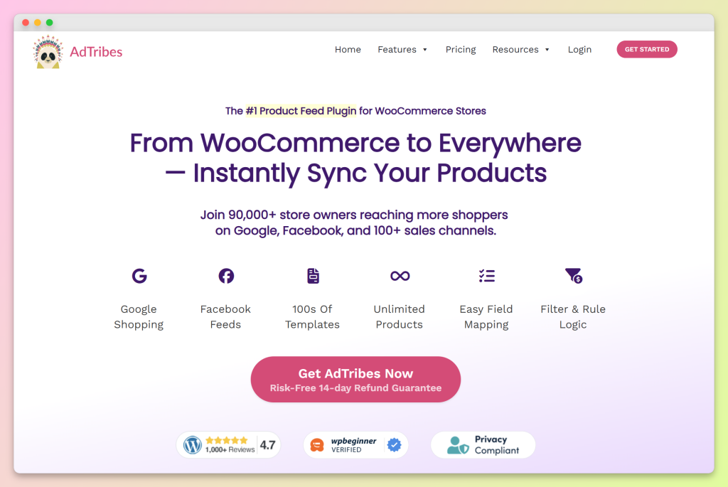 AdTribes homepage showing WooCommerce product feed plugin features