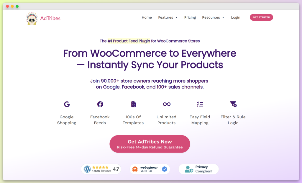 AdTribes homepage showing product feed plugin hero section with 100 plus sales channels, field mapping, and filter and rule logic
