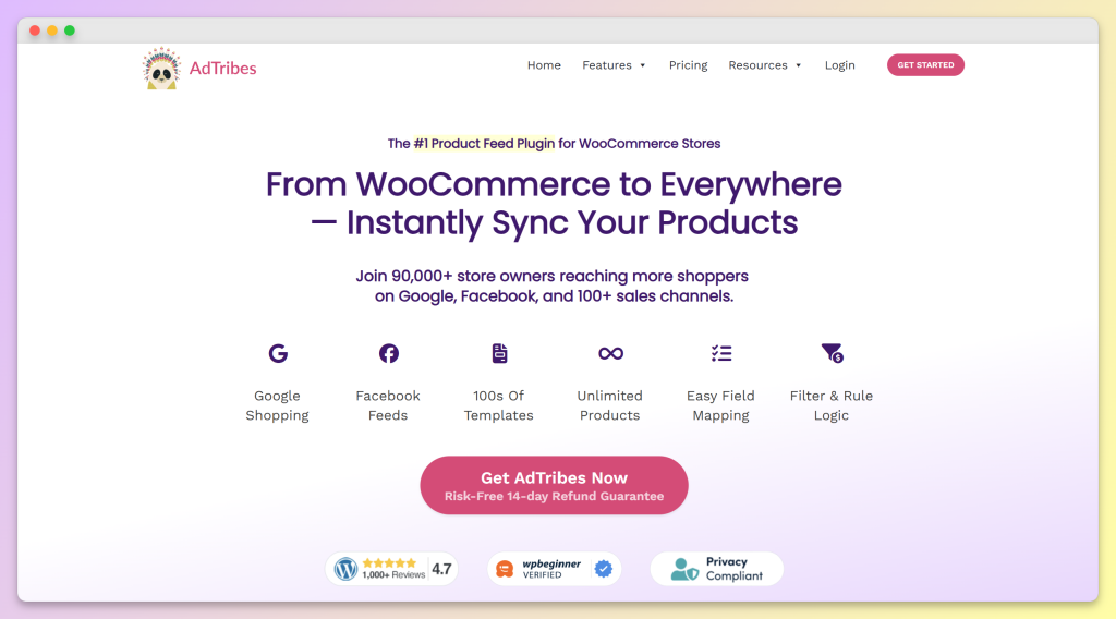 AdTribes homepage showing WooCommerce product feed plugin messaging and feature highlights