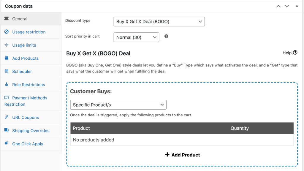 The Advanced Coupons interface, showing the process of creating a BOGO deal