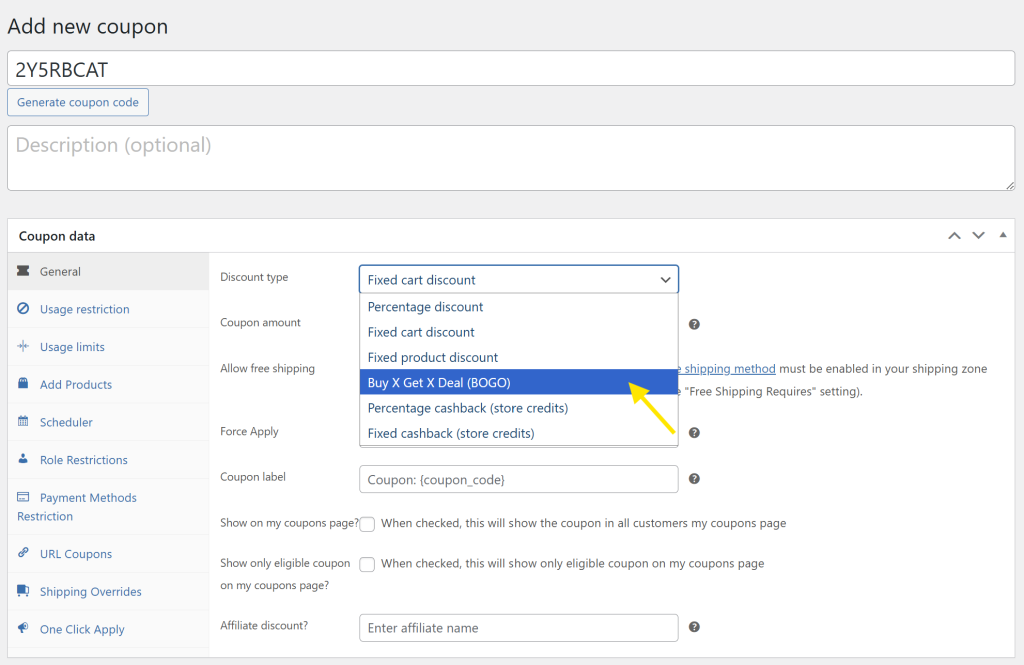 advanced-coupons-interface - AdTribes WooCommerce coupon editor showing Buy One Get One deal option