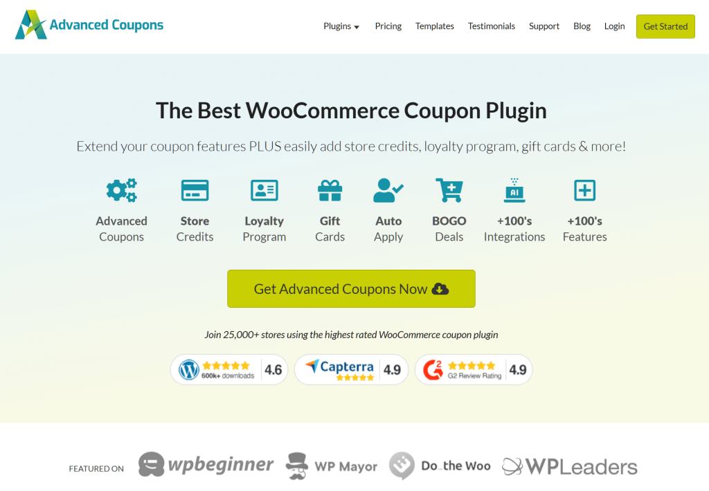 The Advanced Coupons homepage, revealing features such as store credit, loyalty program, and more