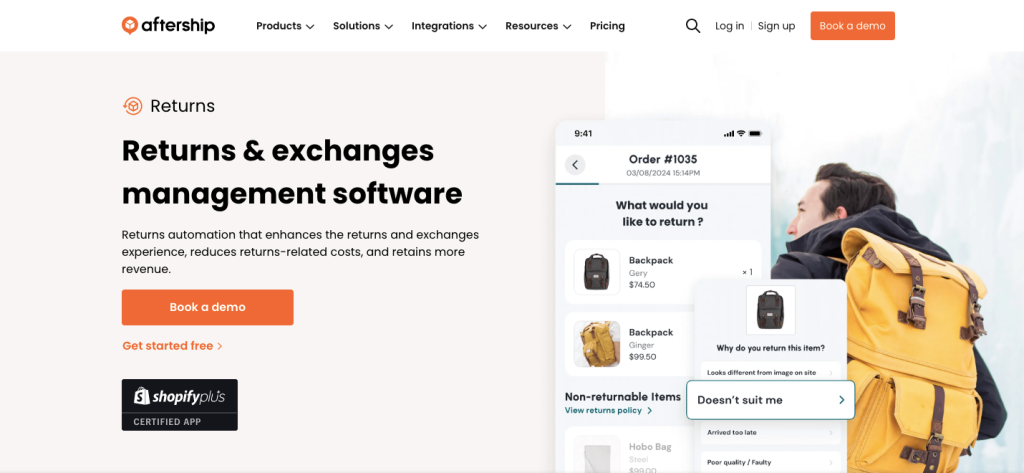 Aftership webpage showcasing returns and exchanges management software, with mobile returns UI, call-to-action buttons, and person wearing a yellow backpack.