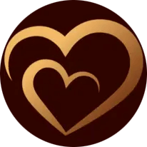 Stylized metallic gold hearts nested together against a rich chocolate-brown circle, creating a sleek, romantic logo with smooth flowing lines.