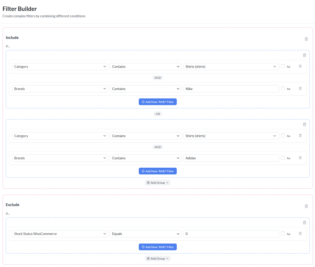 Complex product filter setup with grouped AND and OR logic to target multiple brands within a category in AdTribes Product Feed Pro