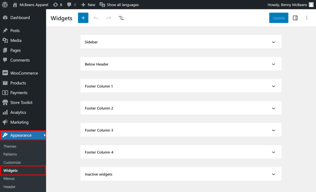 The Widgets settings, with options for positioning widgets in the sidebar, below the header, or in one of the footer columns.