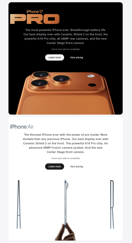 Apple’s promotional email featuring iPhone 17 Pro and iPhone Air with bold visuals, product details, and clear CTAs