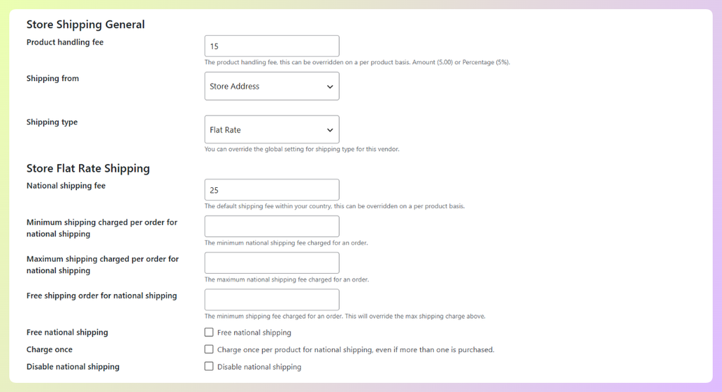 WC Vendors Pro shipping settings showing a  national rate and  product handling fee