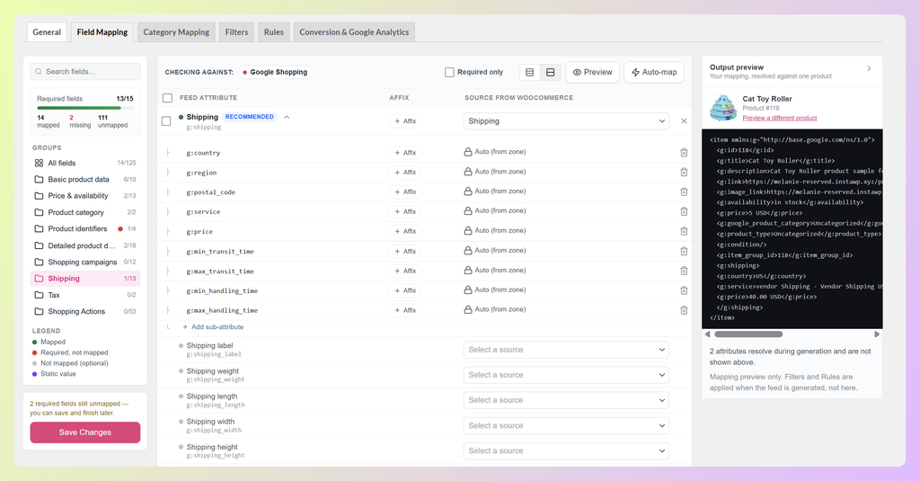 AdTribes shipping field mapping showing automatic sub-attributes and a  vendor shipping rate
