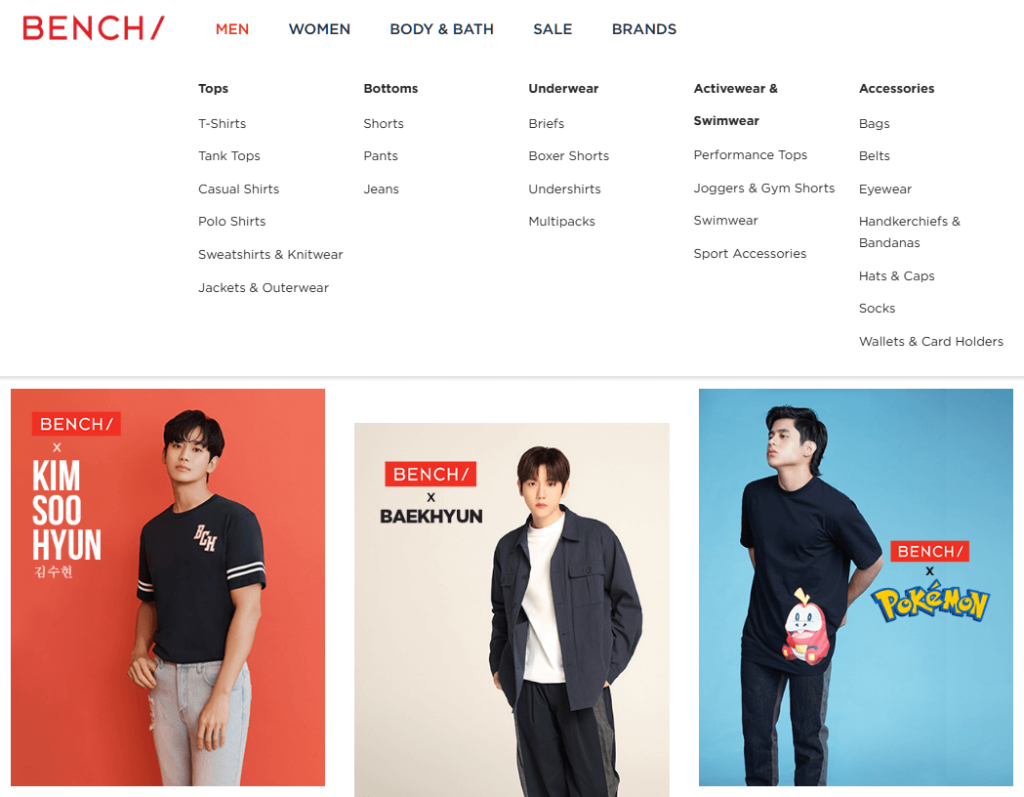 The Bench online store, showing three men in fashionable attire, and a list of product categories and subcategories